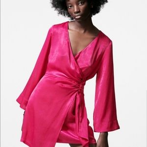 ZARA DARK FUCHSIA SATIN EFFECT WRAP DRESS